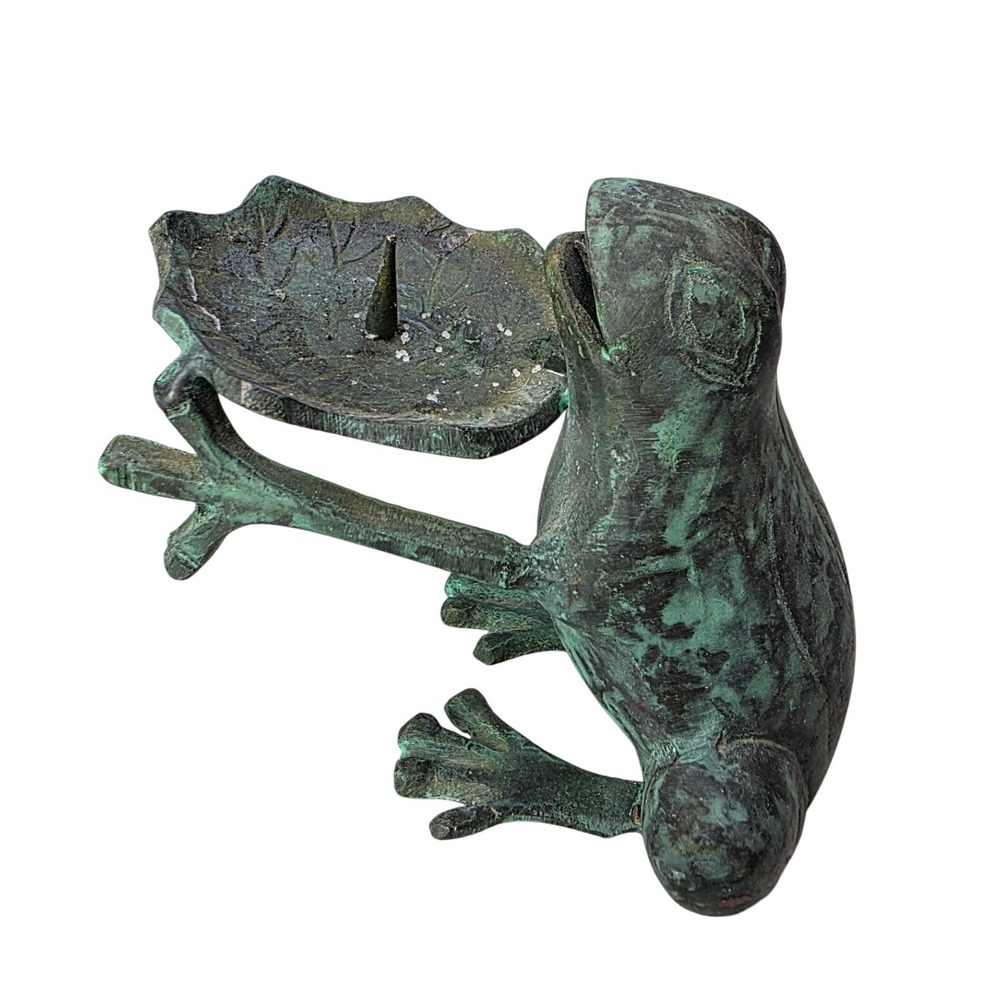 Vintage Verdigris‎ Frog Candle Holder Cast Metal Lily Pad Leaf Green Bronze 4 S2
